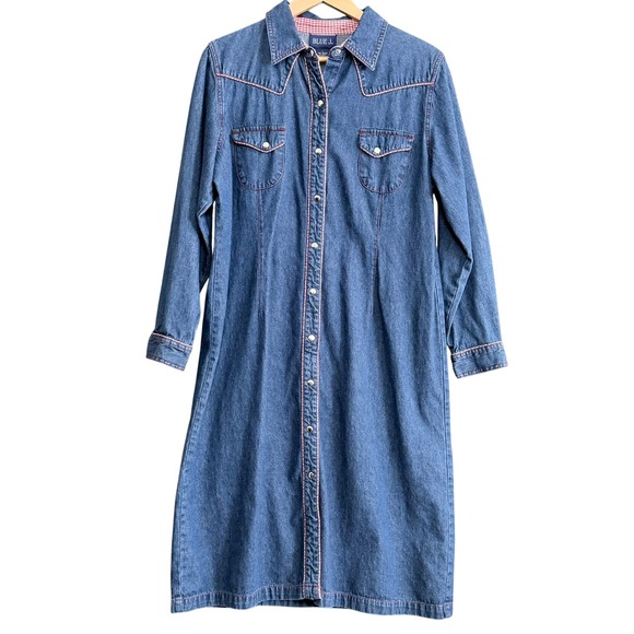 Blue J Womens Denim Maxi Dress L Blue Western Snap Front Gingham Trim Cotton - Picture 1 of 9